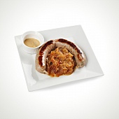 Колбаска куриная с сыром и грибами, с горчицей и тушеной капустой